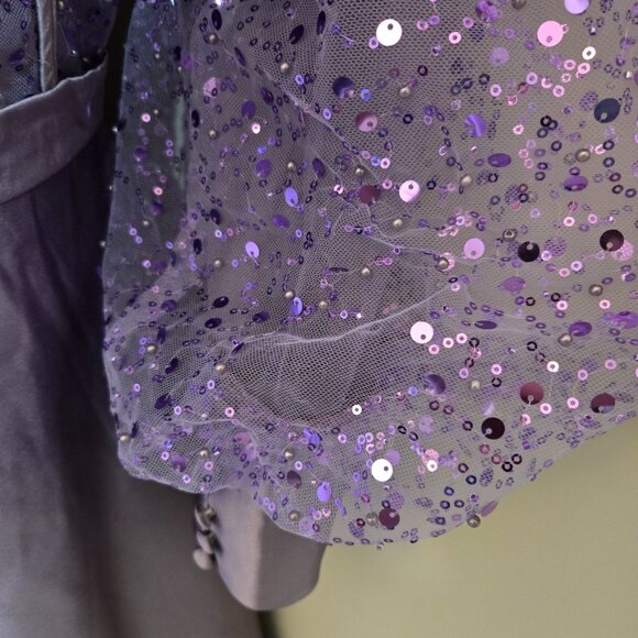 Sz 14 Unbranded Light Purple/Lavender Sequin Tulle & Satin Puff Long Sleeve Gown - Picture 3 of 13